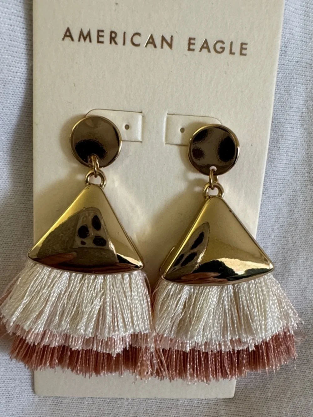 American Eagle Outfitters Gold Metal and Cream/Tan Tassel Earrings - Picture 2 of 3
